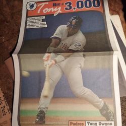 VINTAGE SAN DIEGO PADRES TONY GWYNN 3000 HITS COMMEMORATIVE POSTER FROM THE SAN DIEGO UNION TRIBUNE 