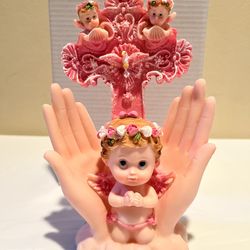Poly Resin Angel Figurine in Open Hands W/Cross 7 3/4”