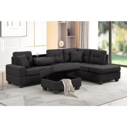 New Reversible Sectional W Storage Ottoman.  Black.  105”x73”x35”H.  Free Delivery!