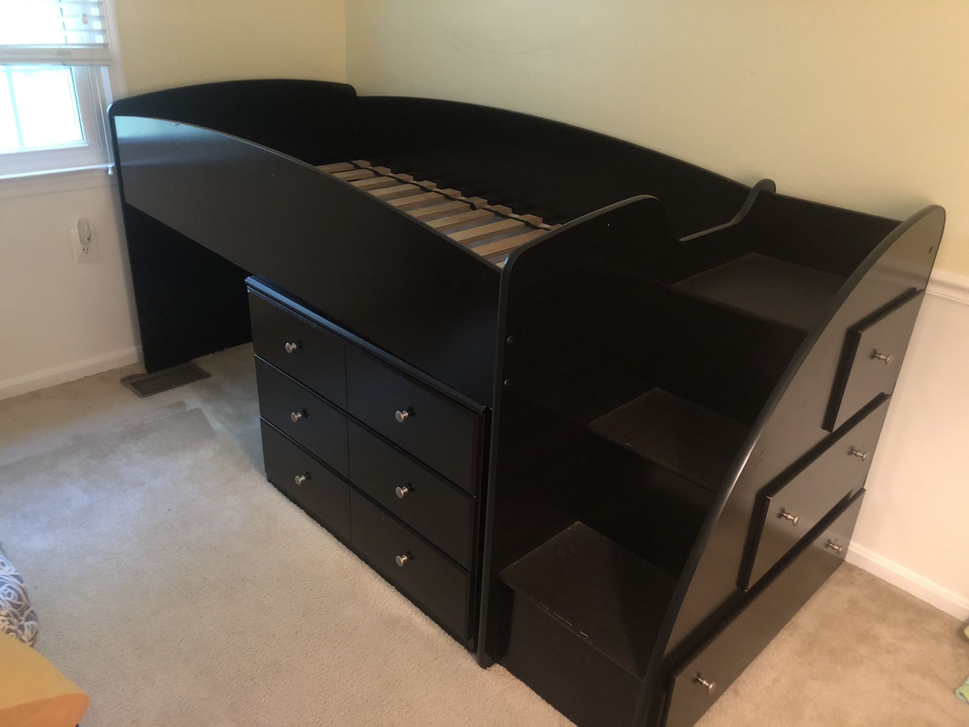 Black Twin Loft Bed with Stairs and Dresser