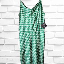Ava & Viv Women’s Size 2X Casual Midi Dress • Green & White Houndstooth • Summer