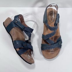 Taos Trulie Navy Blue Woven Leather Strappy Sandals Comfort Shoes Women 9.5W