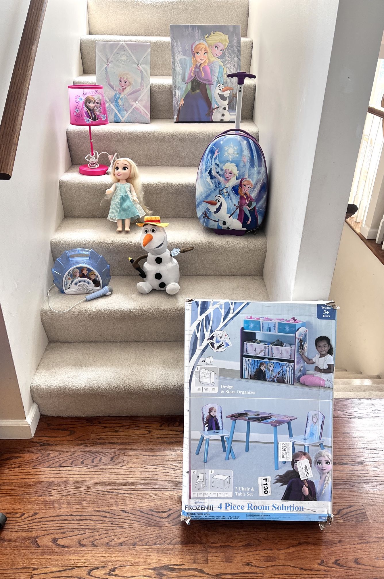 Huge Lot Of Disney Frozen Toys & Decor Items. New 4 Piece Room Solution, Talking Olaf, Recorder, Wall Art, Lamp & More! ($115 For All)