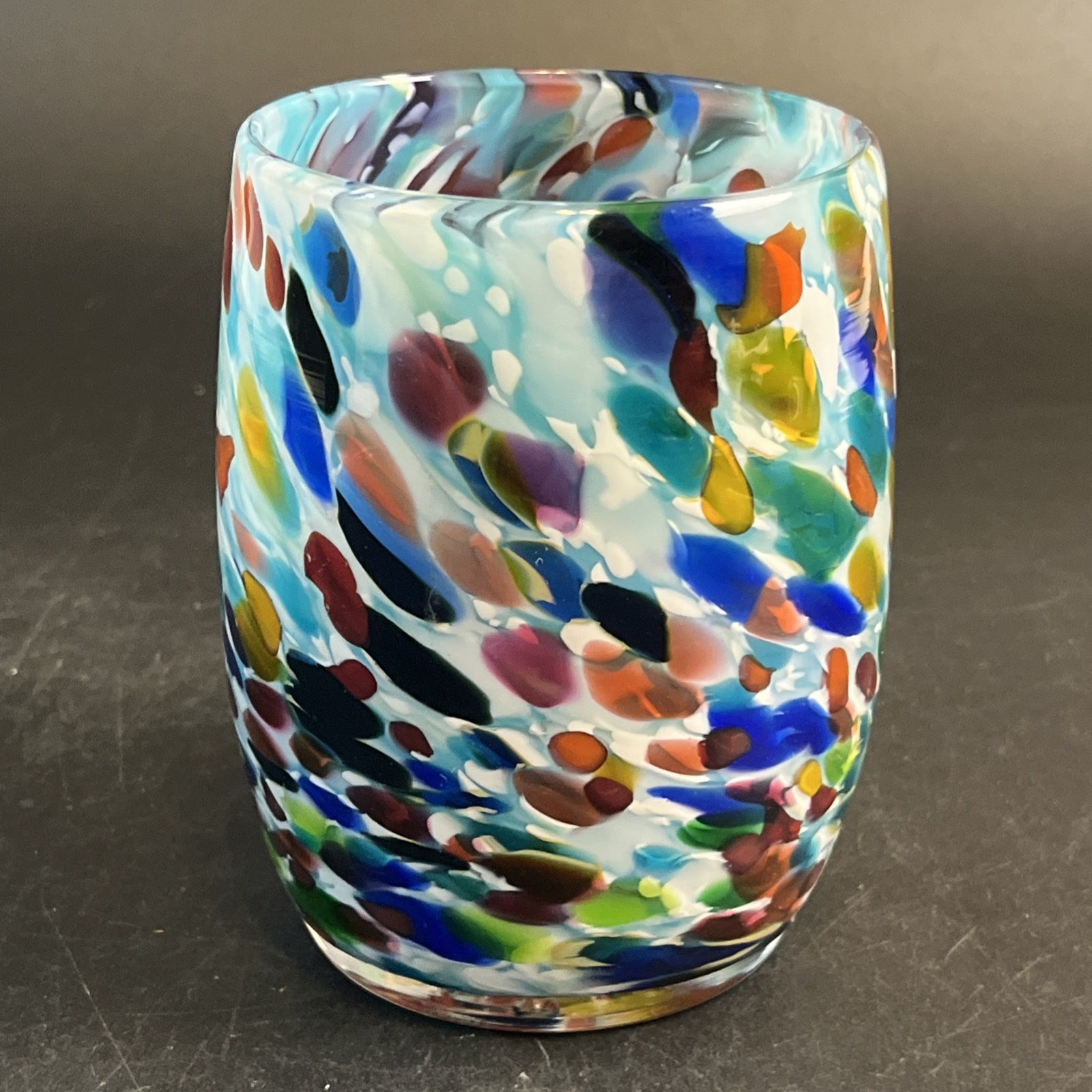 Dehanna Jones 2011 Art Glass Candle Holder Swirl Confetti Rainbow Blue Signed