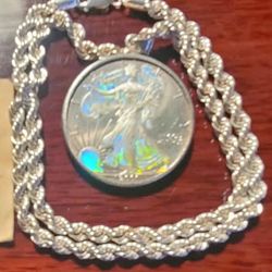 Hologram American Eagle With Rope Silver Chain 