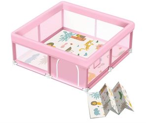Pink Baby Playpen with Mat, 50x50 Inch Playpen with Mat Waterproof for Babies and Toddlers Play Pen for Girls Pink Playards Safety Gate Fence Active C