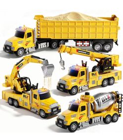 MEWOCHEE 4 Pack Large Size Construction Truck Toys for 3 4 5 Year Old Boys Construction Trucks for Toddlers 2-4 Years, Push & Go Toy Trucks with Sound