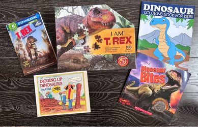 Dinosaur Book & Puzzle Lot – NEW Sealed T. Rex Puzzle + 4 Books
