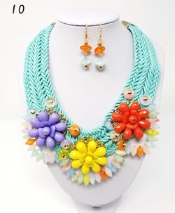 Turquoise Blue Multi Color Floral Necklace Earrings Jewelry Set
