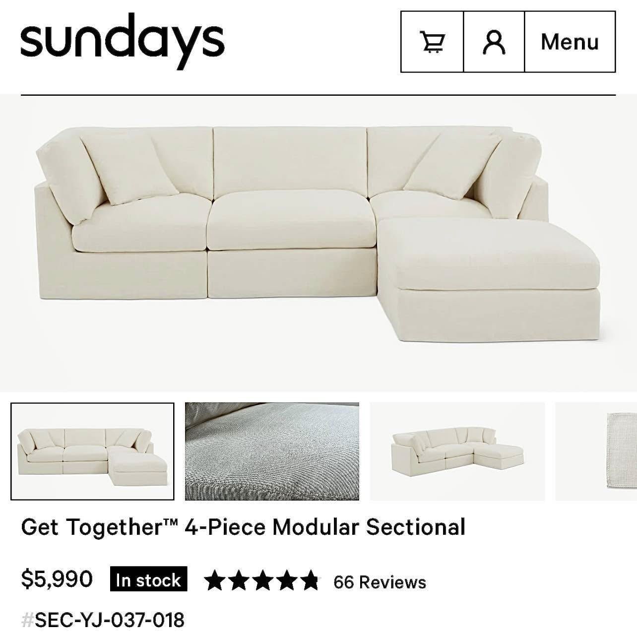 Free Delivery NEW Sundaysâ„¢ Get Togetherâ„¢ 4-Piece Modular Sectional in Performance Stain-resistant Washable Fabric, Cream Linen (MSRP $5,990+tax)