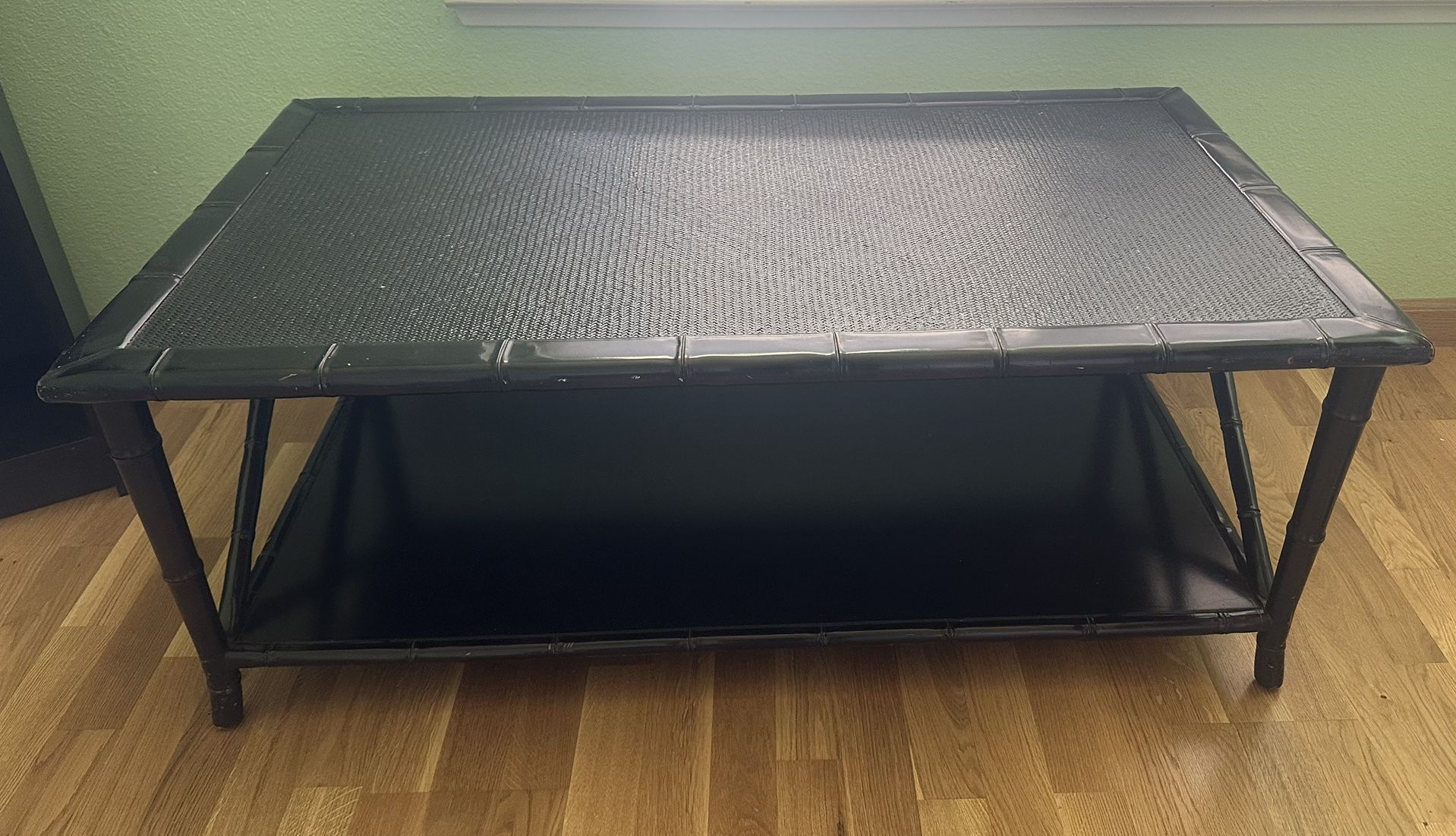 Black Bamboo Woven Rattan Lattice Top Coffee Table w/ Glass Top