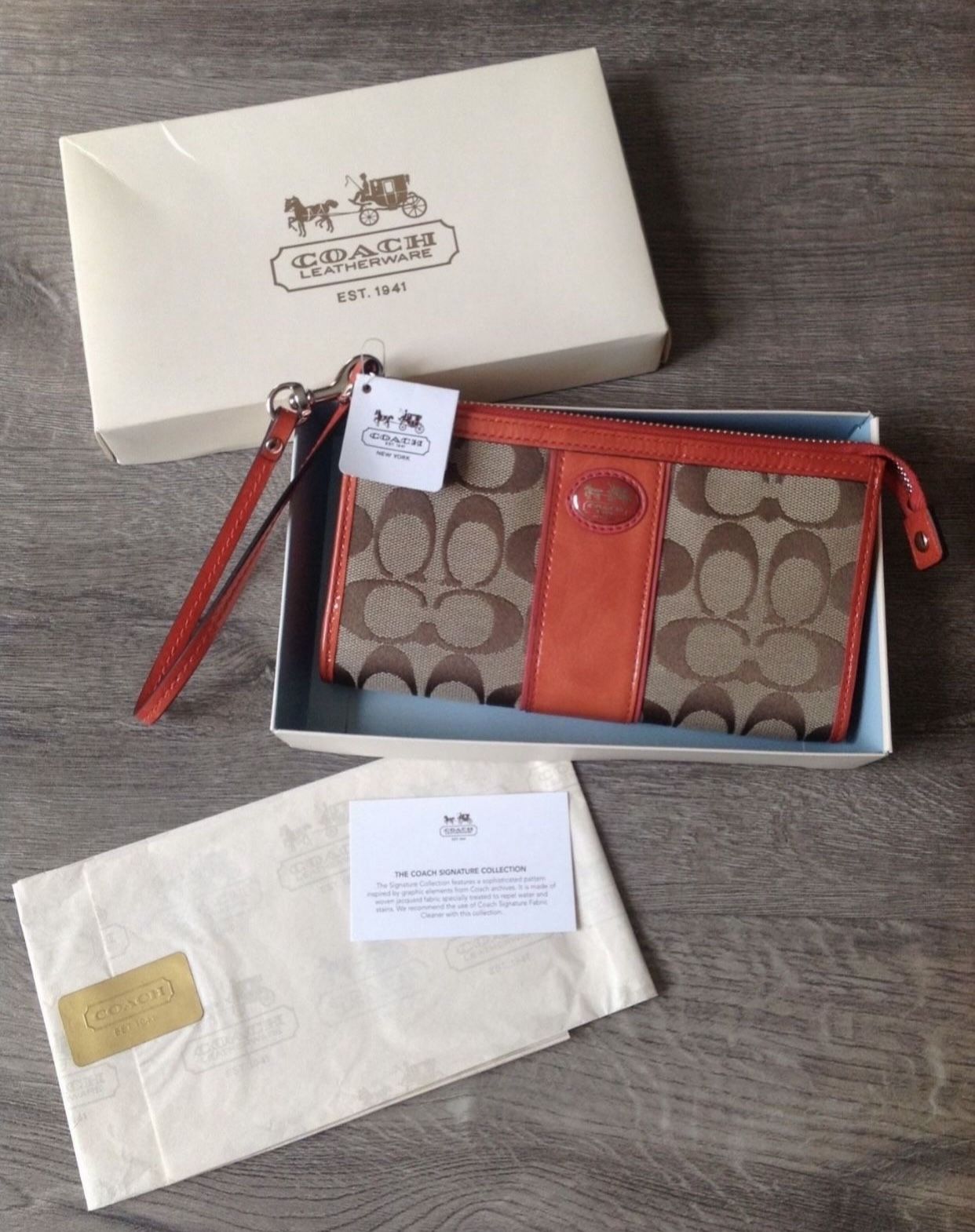 COACH Signature Coral & Tan Wristlet Wallet