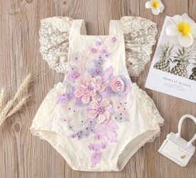 ODASDO Baby Girl Lace Romper Delicate Embroidery Backless Bodysuit with Flower. Cake Smash Outfit. Size 6/12 months $20