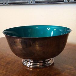 Vintage Silver-Plated Bowl With Colored Enamel Interior 