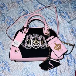 New Black Pink Juicy Couture Purse + Wallet NWT Handbag Terry Cloth Bowler Bag