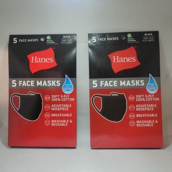 VERY LOW PRICE! Hanes Face Masks 5 Pack Cotton Reusable Machine Washable One Size Fits Most