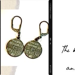 Vintage “Guess” Silver Tone Tag Logo Dangle Drop Disk Earrings Lever Back