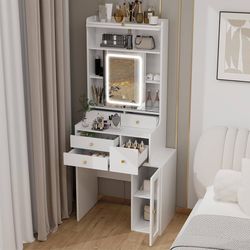 Small Vanity Desk with Sliding Mirror and Lights White Makeup Vanities Set with Drawers Compact Dressing Table with Cabinet and Adjustable Shelves for
