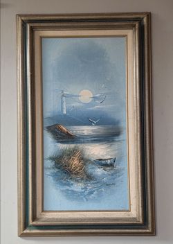 Framed Coastal Lighthouse Oil Painting – Signed