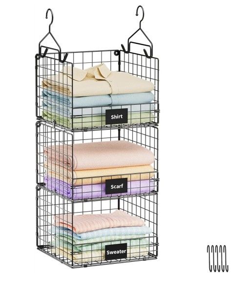 Sonyabecca 3-Tier Hanging Closet Organizer Wall Mount Clothes Hanging Shelves Wire Storage Basket
with Name Plate 5 S Hooks Cabinet Foldable for Cloth