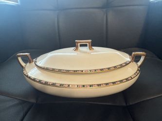 vintage John Maddock & Sons Royal Vitreous china covered dish. It features a gold rim