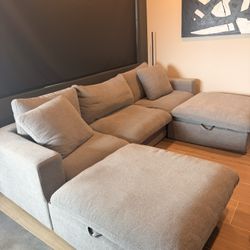 Large Gray Fabric Sectional Couch + 2 Storage Ottomans – Super Comfy!