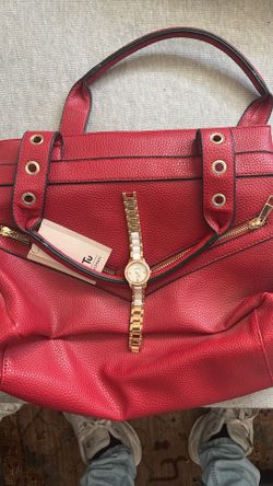 Red Women Bag With Metal Bezel Stainless Steel Rose Gold Watch For Women 