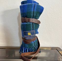 Vintage Highland Tweeds Wool Tartan Travel Rug Blanket With Leather Carrier