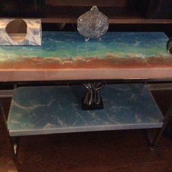 HALL TABLE OR FOR ANY  ROOM …33W X 29H X 16D. TOP COATING HAND MADE WITH EXPOXY…OCEAN CRASH LOOK…