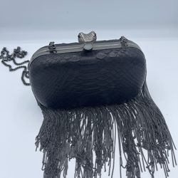House of Harlow 1960 Black Snake Minaudière Clutch | Fringe & Serpent Clasp