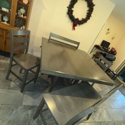 Gray Wood Kitchen Table With 2 Bench Seats & 2 Chairs