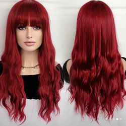 24 Inches Burgundy Natural Straight Heat Resistant Fibre Wig With Bangs 