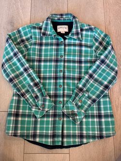 Orvis Fleece Shirt Jacket Womens Medium Green and Blue Plaid Fleece Lined Snap with Pockets