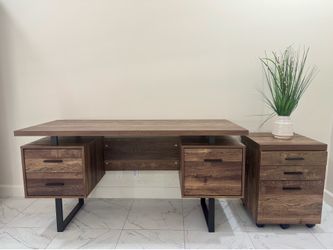 Brown desk with file cabinet