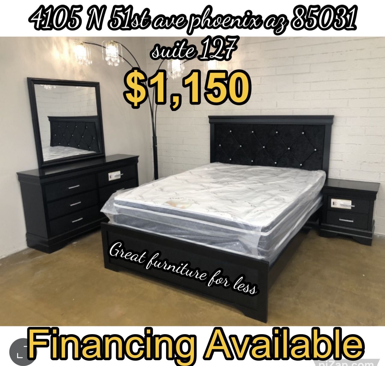 5 PCs Queen Size Bedroom Set Black Include Bed Frame Dresser Mirror Nightstand Pillow Top Mattress And Boxspring Brand New