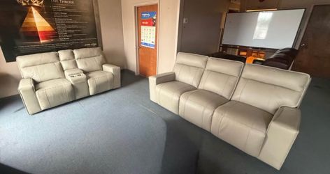 Power Reclining Leather Sofa Set – Sofa + Loveseat Console Set
