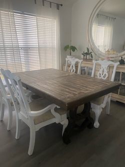 Trestle Dining Table Set with 4 White Chairs