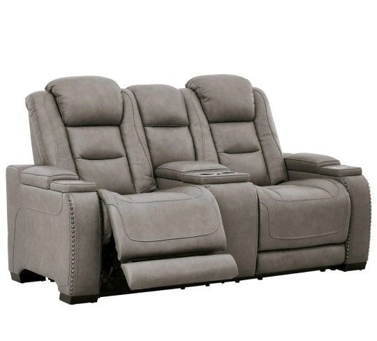 The Man-Den Gray Power Reclining Loveseat with Console