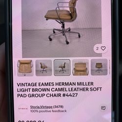 VINTAGE EAMES HERMAN MILLER LIGHT BROWN CAMEL LEATHER SOFT PAD GROUP CHAIR