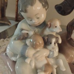 LLADRO BOY &  DOG with 4 PUPS FIGURINE