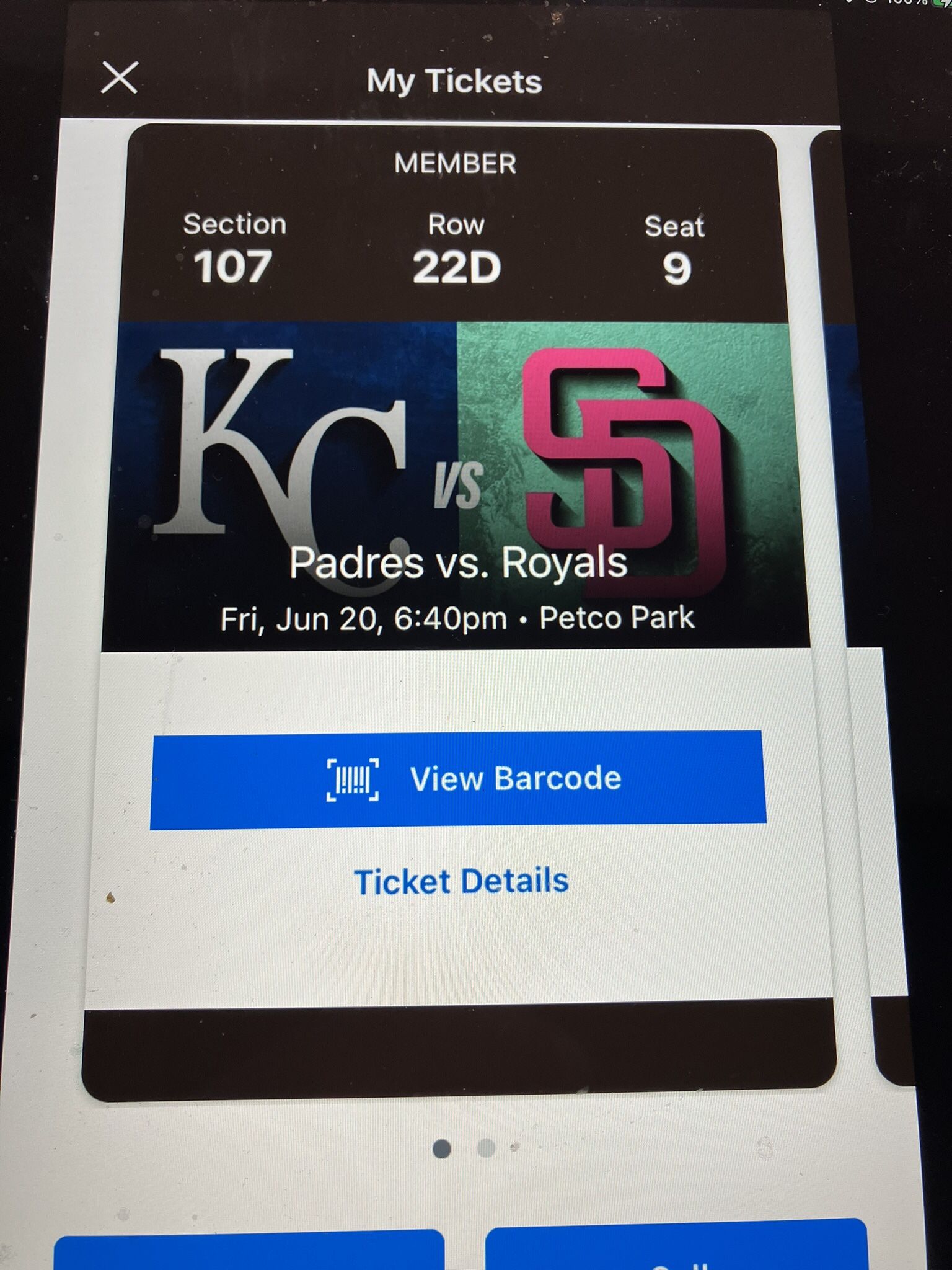 2 PADRES/ ROYALS TICKETS,  FRIDAY, JUNE 20, SEC 107, ROW 22D
