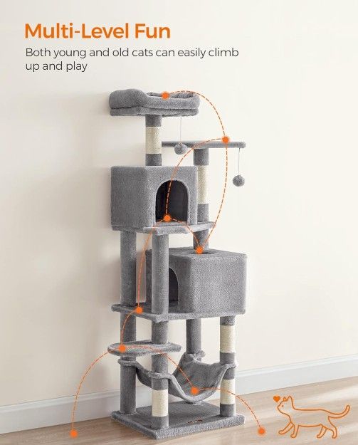 Cat Tree, 61-Inch Cat Tower for Indoor Cats, Plush Multi-Level Cat Condo with 5 Scratching Posts, 2 Perches, 2 Caves, Hammock, 2 Pompoms, Lig