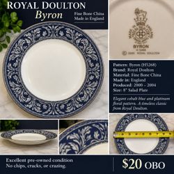 Royal Doulton Byron H5268 8” Fine Bone China Plate – England