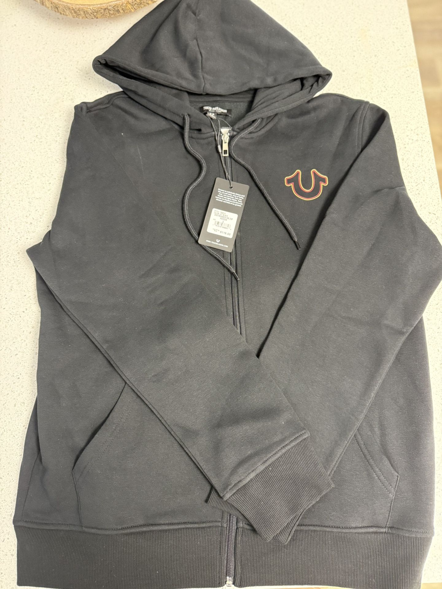 True Religion Hoodie – Size Large (Black & Orange)