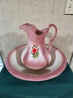 Vintage Pink Ironstone Pitcher and Wash Basin