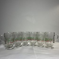 Arbys Footed Coffee Mugs ~ Holly Berry Stripe with Gold Rim ~ Set of 6