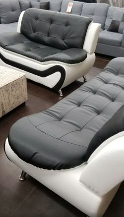 Brand New White & Black Leather 2pc Modern Style Sofa & Loveseat
