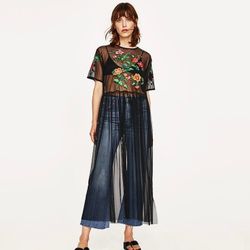 ZARA Black Sheer Mesh Maxi Tulle Dress Embroidered Floral Boho Festival Tunic M