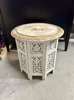 Wood Side Table / Hand Carved Folding Accent Table (Mango Wood) 18” L x 18” H