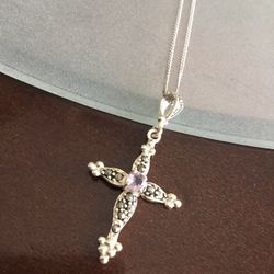 Sterling Silver Dainty Chain Necklace With Marcasite Sterling Cross Pendant & Amethyst Stone